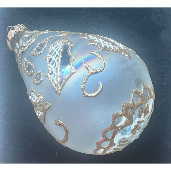 Blown Glass Frosted Teardrop Ornament With Gold Glitter Accents Iridescent Glass - Picture 2 of 5